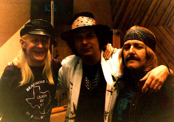 1986 Photo of Johnny Winter re-united with Tommy Shannon and Uncle Red Turner 